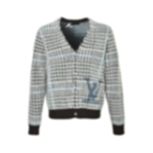 Brushed Houndstooth Intarsia Cardigan - Black/White/Light Blue