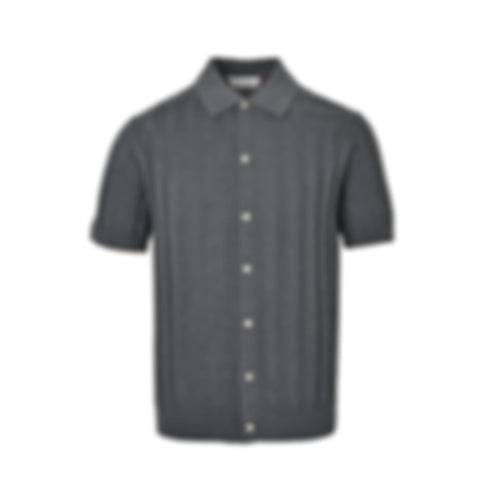 Ribbed Knit Button-Through Polo | Dark Grey